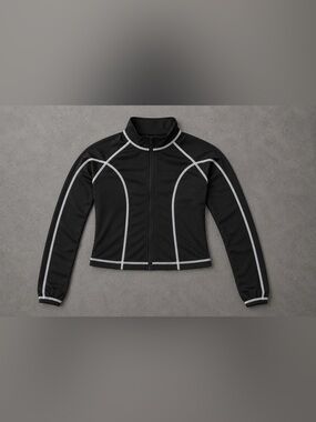Black Contrast-Trim Zip Front Women's Jacket